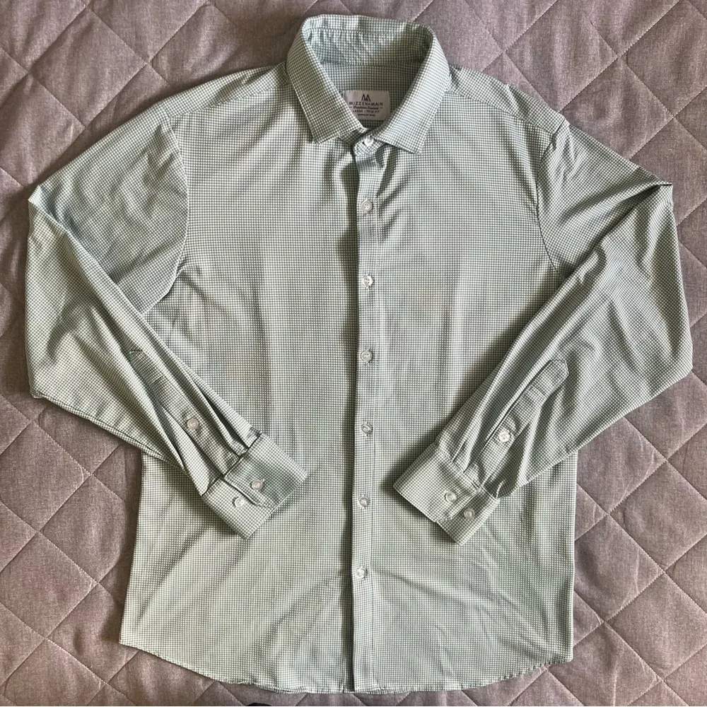 Mizzen + Main Long Sleeve Button Up Shirt Mens Large Trim Fit Green Nylon Poly - Picture 2 of 11